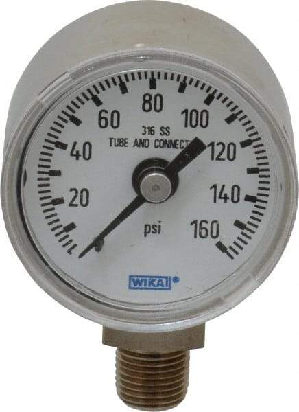 Wika - 1-1/2" Dial, 1/8 Thread, 0-160 Scale Range, Pressure Gauge - Lower Connection Mount, Accurate to 2.5% of Scale - Eagle Tool & Supply