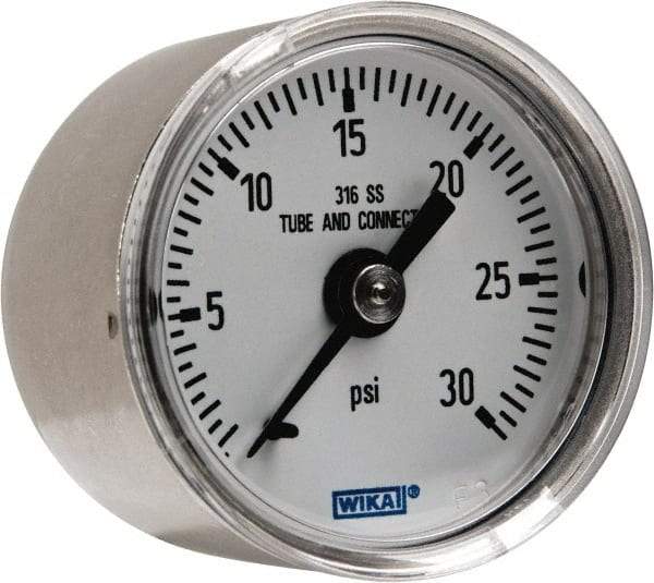 Wika - 1-1/2" Dial, 1/8 Thread, 0-30 Scale Range, Pressure Gauge - Center Back Connection Mount, Accurate to 2.5% of Scale - Eagle Tool & Supply