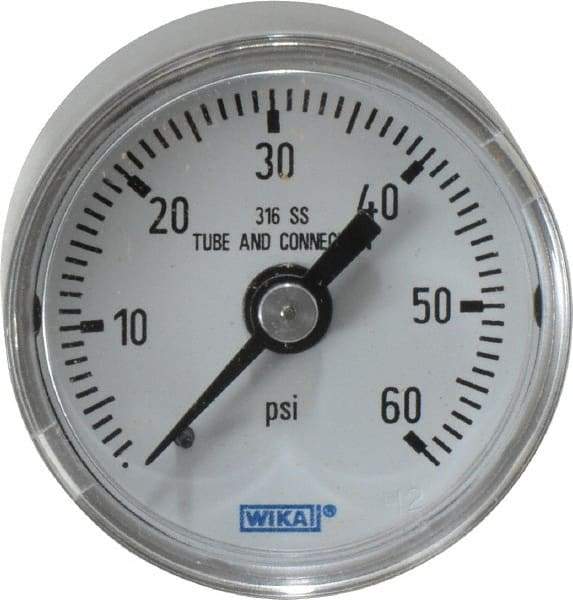 Wika - 1-1/2" Dial, 1/8 Thread, 0-60 Scale Range, Pressure Gauge - Center Back Connection Mount, Accurate to 2.5% of Scale - Eagle Tool & Supply
