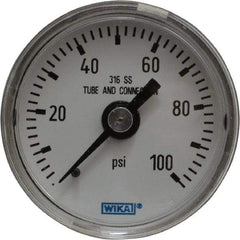 Wika - 1-1/2" Dial, 1/8 Thread, 0-100 Scale Range, Pressure Gauge - Center Back Connection Mount, Accurate to 2.5% of Scale - Eagle Tool & Supply