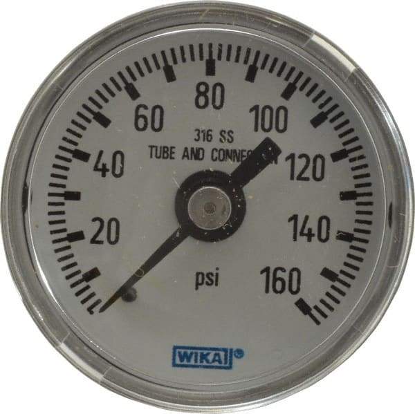 Wika - 1-1/2" Dial, 1/8 Thread, 0-160 Scale Range, Pressure Gauge - Center Back Connection Mount, Accurate to 2.5% of Scale - Eagle Tool & Supply