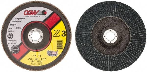 Camel Grinding Wheels - 40 Grit, 7" Disc Diam, 7/8" Center Hole, Type 27 Zirconia Alumina Flap Disc - 8,600 Max RPM, Poly Cotton Backing, Arbor Attaching System, Coated - Eagle Tool & Supply