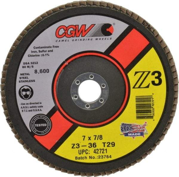 Camel Grinding Wheels - 36 Grit, 7" Disc Diam, 7/8" Center Hole, Type 29 Zirconia Alumina Flap Disc - 8,600 Max RPM, Poly Cotton Backing, Arbor Attaching System, Coated - Eagle Tool & Supply