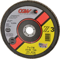 Camel Grinding Wheels - 60 Grit, 7" Disc Diam, 7/8" Center Hole, Type 29 Zirconia Alumina Flap Disc - 8,600 Max RPM, Poly Cotton Backing, Arbor Attaching System, Coated - Eagle Tool & Supply