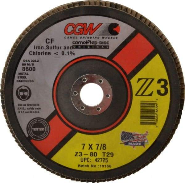 Camel Grinding Wheels - 80 Grit, 7" Disc Diam, 7/8" Center Hole, Type 29 Zirconia Alumina Flap Disc - 8,600 Max RPM, Poly Cotton Backing, Arbor Attaching System, Coated - Eagle Tool & Supply