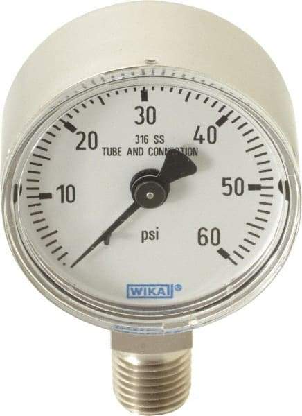 Wika - 2" Dial, 1/4 Thread, 0-60 Scale Range, Pressure Gauge - Lower Connection Mount, Accurate to 2.5% of Scale - Eagle Tool & Supply