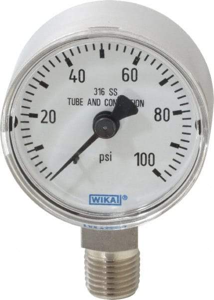 Wika - 2" Dial, 1/4 Thread, 0-100 Scale Range, Pressure Gauge - Lower Connection Mount, Accurate to 2.5% of Scale - Eagle Tool & Supply