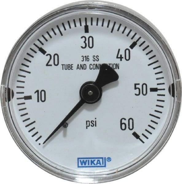 Wika - 2" Dial, 1/4 Thread, 0-60 Scale Range, Pressure Gauge - Center Back Connection Mount, Accurate to 2.5% of Scale - Eagle Tool & Supply