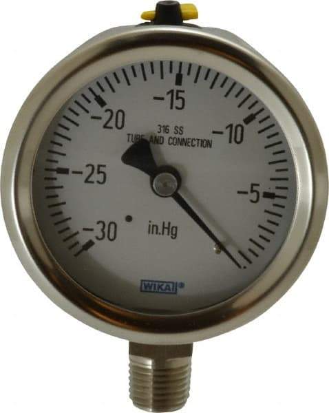 Wika - 2-1/2" Dial, 1/4 Thread, 30-0 Scale Range, Pressure Gauge - Lower Connection Mount, Accurate to 1.5% of Scale - Eagle Tool & Supply