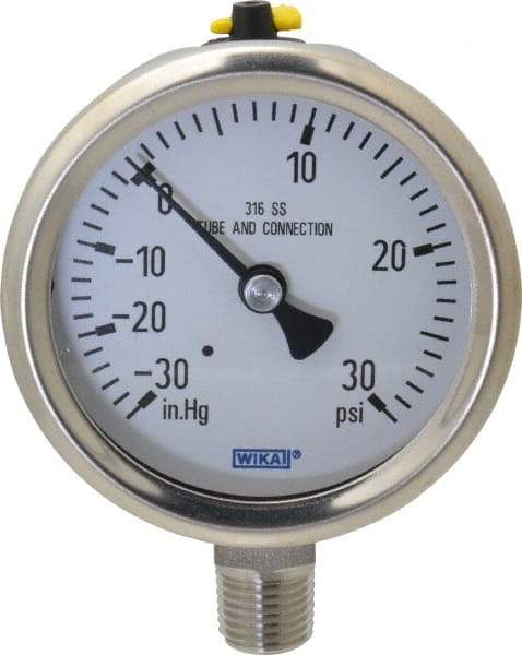 Wika - 2-1/2" Dial, 1/4 Thread, 30-0-30 Scale Range, Pressure Gauge - Lower Connection Mount, Accurate to 1.5% of Scale - Eagle Tool & Supply