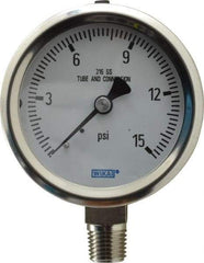 Wika - 2-1/2" Dial, 1/4 Thread, 0-15 Scale Range, Pressure Gauge - Lower Connection Mount, Accurate to 1.5% of Scale - Eagle Tool & Supply