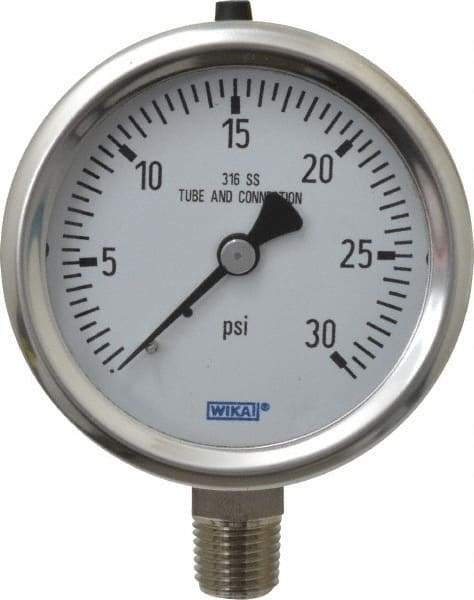 Wika - 2-1/2" Dial, 1/4 Thread, 0-30 Scale Range, Pressure Gauge - Lower Connection Mount, Accurate to 1.5% of Scale - Eagle Tool & Supply