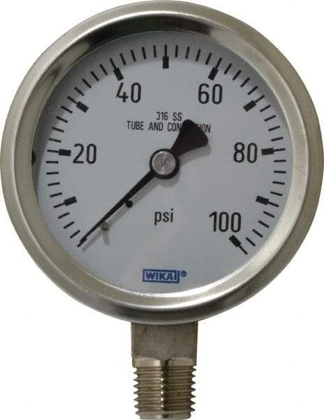 Wika - 2-1/2" Dial, 1/4 Thread, 0-100 Scale Range, Pressure Gauge - Lower Connection Mount, Accurate to 1.5% of Scale - Eagle Tool & Supply