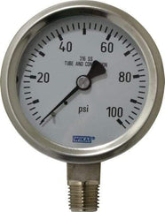 Wika - 2-1/2" Dial, 1/4 Thread, 0-100 Scale Range, Pressure Gauge - Lower Connection Mount, Accurate to 1.5% of Scale - Eagle Tool & Supply