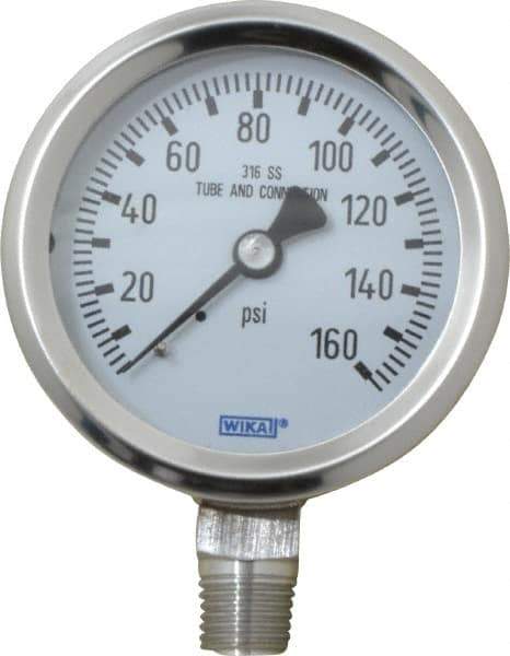 Wika - 2-1/2" Dial, 1/4 Thread, 0-160 Scale Range, Pressure Gauge - Lower Connection Mount, Accurate to 1.5% of Scale - Eagle Tool & Supply