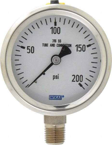 Wika - 2-1/2" Dial, 1/4 Thread, 0-200 Scale Range, Pressure Gauge - Lower Connection Mount, Accurate to 1.5% of Scale - Eagle Tool & Supply