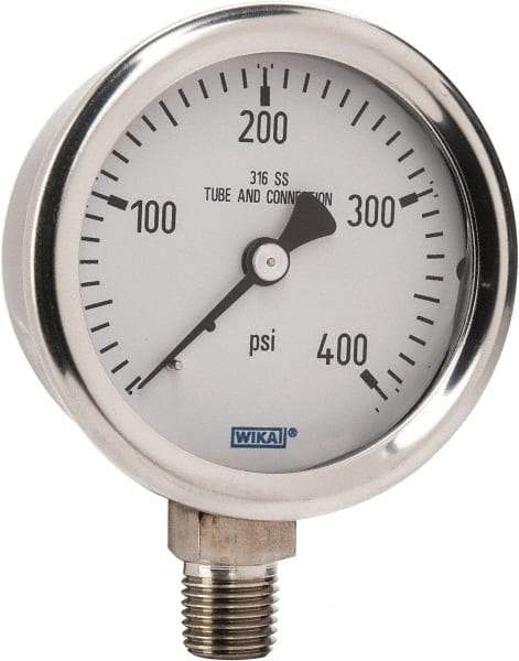 Wika - 2-1/2" Dial, 1/4 Thread, 0-400 Scale Range, Pressure Gauge - Lower Connection Mount, Accurate to 1.5% of Scale - Eagle Tool & Supply