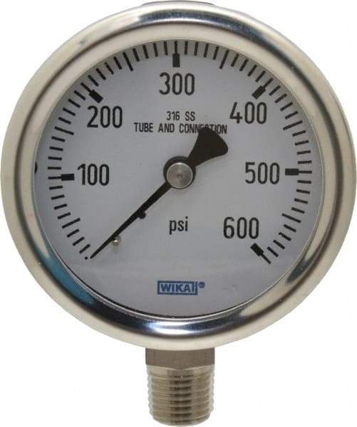 Wika - 2-1/2" Dial, 1/4 Thread, 0-600 Scale Range, Pressure Gauge - Lower Connection Mount, Accurate to 1.5% of Scale - Eagle Tool & Supply