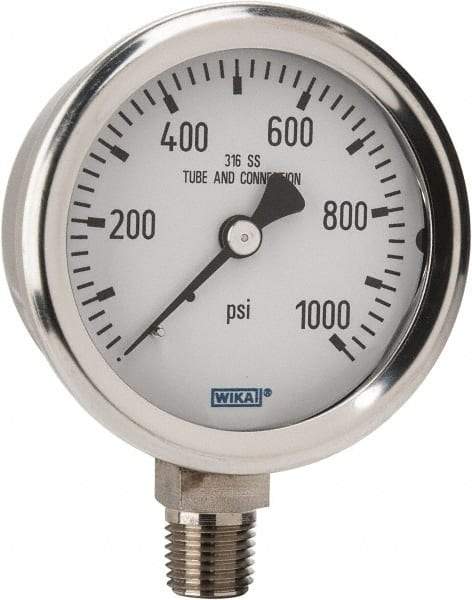 Wika - 2-1/2" Dial, 1/4 Thread, 0-1,000 Scale Range, Pressure Gauge - Lower Connection Mount, Accurate to 1.5% of Scale - Eagle Tool & Supply