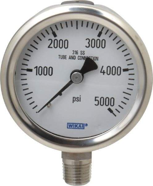 Wika - 2-1/2" Dial, 1/4 Thread, 0-5,000 Scale Range, Pressure Gauge - Lower Connection Mount, Accurate to 1.5% of Scale - Eagle Tool & Supply