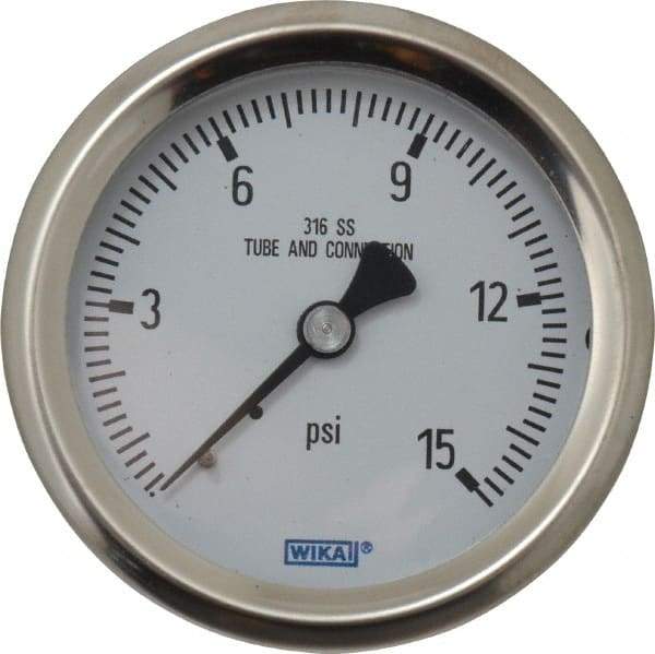 Wika - 2-1/2" Dial, 1/4 Thread, 0-15 Scale Range, Pressure Gauge - Center Back Connection Mount, Accurate to 1.5% of Scale - Eagle Tool & Supply