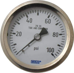 Wika - 2-1/2" Dial, 1/4 Thread, 0-100 Scale Range, Pressure Gauge - Center Back Connection Mount, Accurate to 1.5% of Scale - Eagle Tool & Supply