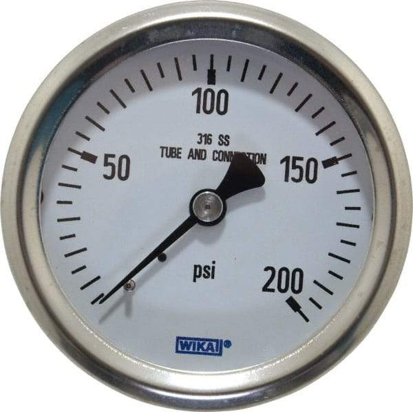 Wika - 2-1/2" Dial, 1/4 Thread, 0-200 Scale Range, Pressure Gauge - Center Back Connection Mount, Accurate to 1.5% of Scale - Eagle Tool & Supply