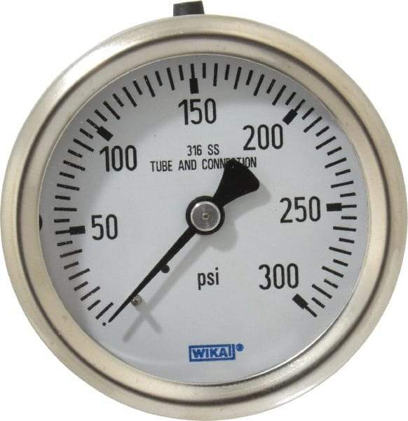 Wika - 2-1/2" Dial, 1/4 Thread, 0-300 Scale Range, Pressure Gauge - Center Back Connection Mount, Accurate to 1.5% of Scale - Eagle Tool & Supply