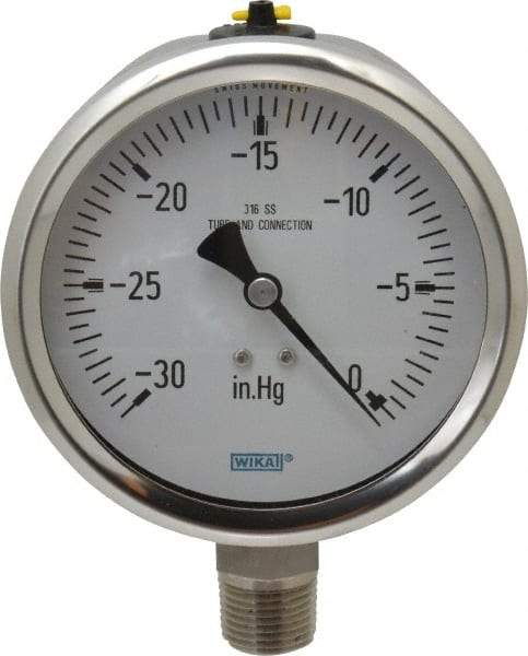 Wika - 4" Dial, 1/2 Thread, 30-0 Scale Range, Pressure Gauge - Lower Connection Mount, Accurate to 1% of Scale - Eagle Tool & Supply