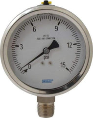 Wika - 4" Dial, 1/2 Thread, 0-15 Scale Range, Pressure Gauge - Lower Connection Mount, Accurate to 1% of Scale - Eagle Tool & Supply