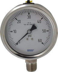 Wika - 4" Dial, 1/2 Thread, 0-60 Scale Range, Pressure Gauge - Lower Connection Mount, Accurate to 1% of Scale - Eagle Tool & Supply