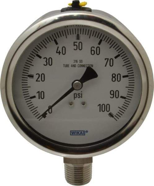 Wika - 4" Dial, 1/2 Thread, 0-100 Scale Range, Pressure Gauge - Lower Connection Mount, Accurate to 1% of Scale - Eagle Tool & Supply