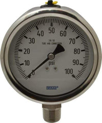 Wika - 4" Dial, 1/2 Thread, 0-100 Scale Range, Pressure Gauge - Lower Connection Mount, Accurate to 1% of Scale - Eagle Tool & Supply