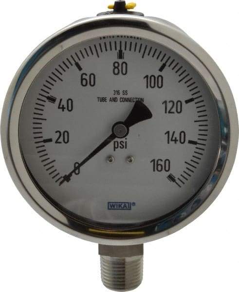 Wika - 4" Dial, 1/2 Thread, 0-160 Scale Range, Pressure Gauge - Lower Connection Mount, Accurate to 1% of Scale - Eagle Tool & Supply