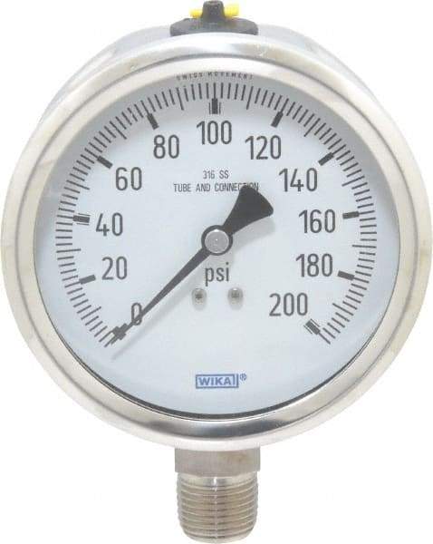 Wika - 4" Dial, 1/2 Thread, 0-200 Scale Range, Pressure Gauge - Lower Connection Mount, Accurate to 1% of Scale - Eagle Tool & Supply