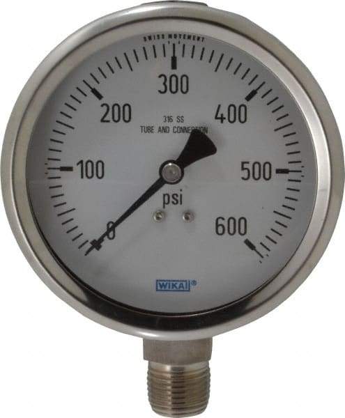 Wika - 4" Dial, 1/2 Thread, 0-600 Scale Range, Pressure Gauge - Lower Connection Mount, Accurate to 1% of Scale - Eagle Tool & Supply