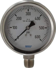 Wika - 4" Dial, 1/2 Thread, 0-600 Scale Range, Pressure Gauge - Lower Connection Mount, Accurate to 1% of Scale - Eagle Tool & Supply