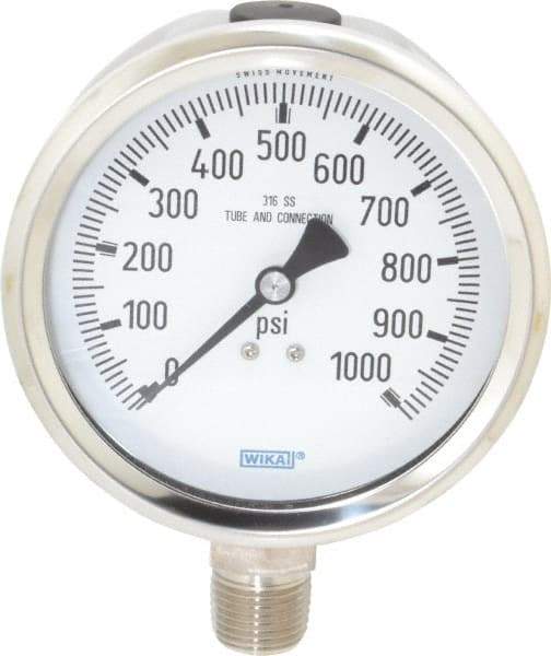 Wika - 4" Dial, 1/2 Thread, 0-1,000 Scale Range, Pressure Gauge - Lower Connection Mount, Accurate to 1% of Scale - Eagle Tool & Supply