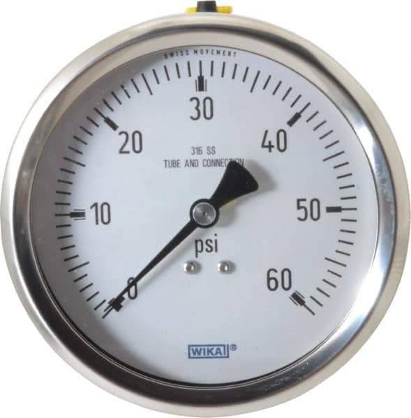 Wika - 4" Dial, 1/2 Thread, 0-60 Scale Range, Pressure Gauge - Lower Back Connection Mount, Accurate to 1% of Scale - Eagle Tool & Supply