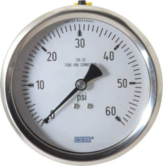 Wika - 4" Dial, 1/2 Thread, 0-60 Scale Range, Pressure Gauge - Lower Back Connection Mount, Accurate to 1% of Scale - Eagle Tool & Supply