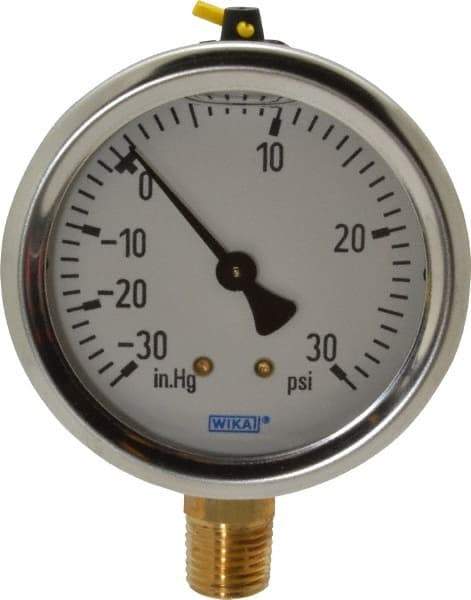 Wika - 2-1/2" Dial, 1/4 Thread, 30-0-30 Scale Range, Pressure Gauge - Lower Connection Mount, Accurate to 1.5% of Scale - Eagle Tool & Supply