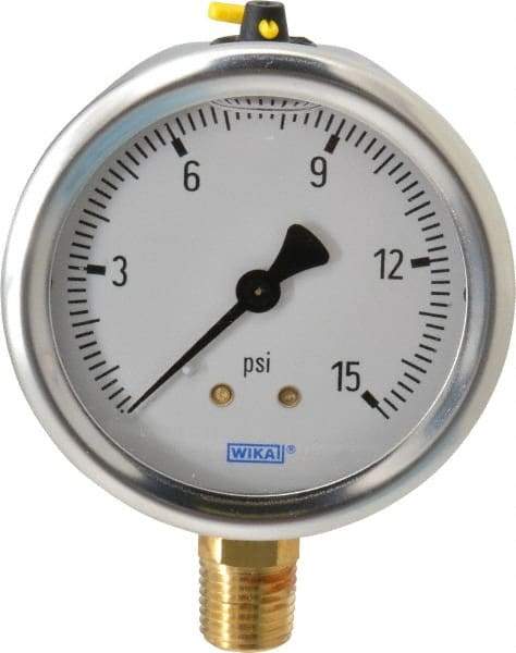 Wika - 2-1/2" Dial, 1/4 Thread, 0-15 Scale Range, Pressure Gauge - Lower Connection Mount, Accurate to 1.5% of Scale - Eagle Tool & Supply