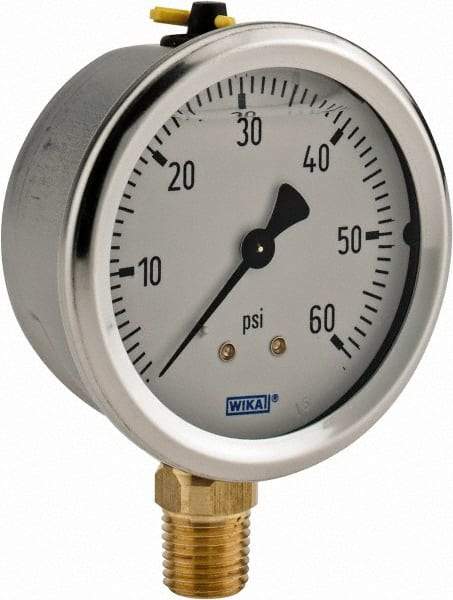 Wika - 2-1/2" Dial, 1/4 Thread, 0-60 Scale Range, Pressure Gauge - Lower Connection Mount, Accurate to 1.5% of Scale - Eagle Tool & Supply
