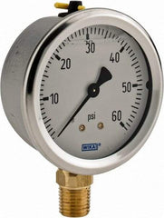 Wika - 2-1/2" Dial, 1/4 Thread, 0-60 Scale Range, Pressure Gauge - Lower Connection Mount, Accurate to 1.5% of Scale - Eagle Tool & Supply