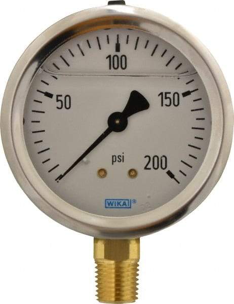 Wika - 2-1/2" Dial, 1/4 Thread, 0-200 Scale Range, Pressure Gauge - Lower Connection Mount, Accurate to 1.5% of Scale - Eagle Tool & Supply