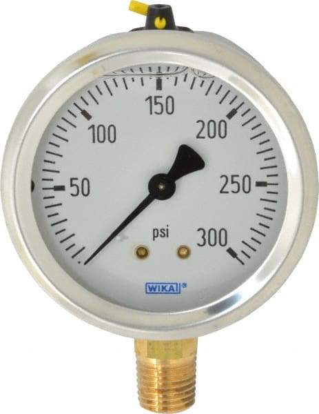 Wika - 2-1/2" Dial, 1/4 Thread, 0-300 Scale Range, Pressure Gauge - Lower Connection Mount, Accurate to 1.5% of Scale - Eagle Tool & Supply