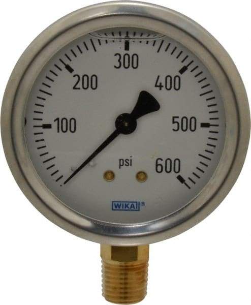 Wika - 2-1/2" Dial, 1/4 Thread, 0-600 Scale Range, Pressure Gauge - Lower Connection Mount, Accurate to 1.5% of Scale - Eagle Tool & Supply