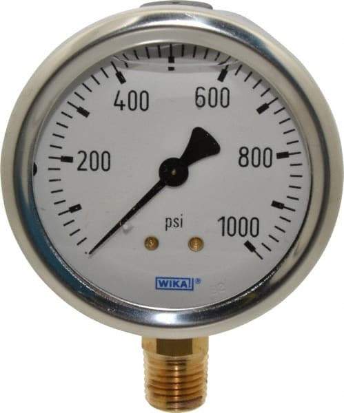 Wika - 2-1/2" Dial, 1/4 Thread, 0-1,000 Scale Range, Pressure Gauge - Lower Connection Mount, Accurate to 1.5% of Scale - Eagle Tool & Supply