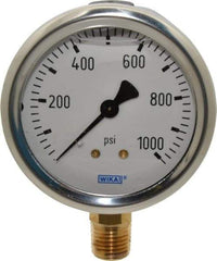 Wika - 2-1/2" Dial, 1/4 Thread, 0-1,000 Scale Range, Pressure Gauge - Lower Connection Mount, Accurate to 1.5% of Scale - Eagle Tool & Supply