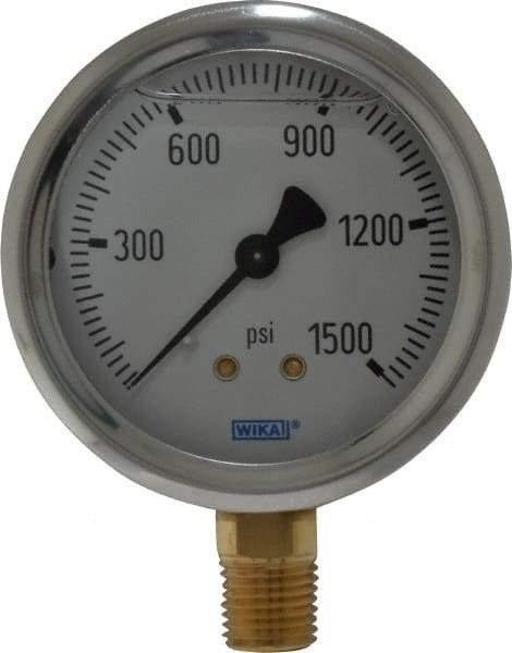 Wika - 2-1/2" Dial, 1/4 Thread, 0-1,500 Scale Range, Pressure Gauge - Lower Connection Mount, Accurate to 1.5% of Scale - Eagle Tool & Supply